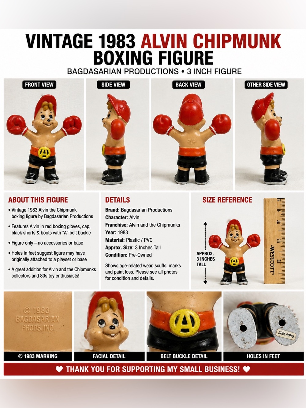 Vintage 1983 Alvin Chipmunk Boxing Figure Bagdasarian Productions Boxer 3"